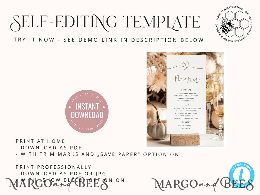 TEMPLETT wedding stationery Boho wedding menu template, dinner menus editable, Instant download Boho wedding menu, Garden wedding menu Printable