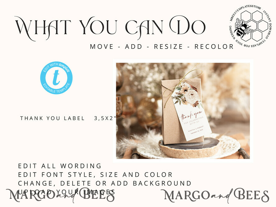 TEMPLETT wedding stationery Boho Favor Tag Template, Rustic Favor Tag Template, Editable Thank You Tag, Printable Wedding Gift Tags, Party Tags, Wboho10