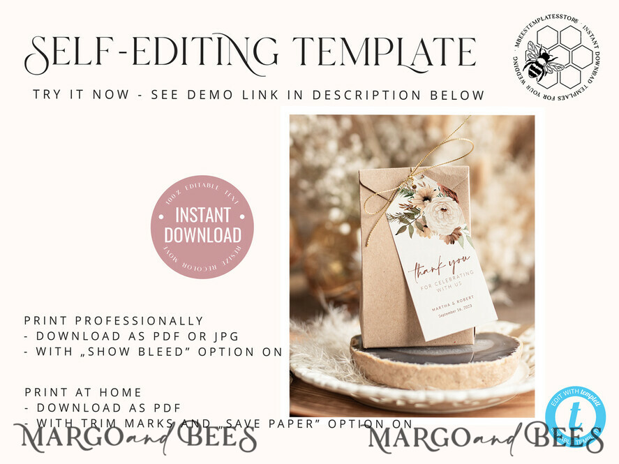 TEMPLETT wedding stationery Boho Favor Tag Template, Rustic Favor Tag Template, Editable Thank You Tag, Printable Wedding Gift Tags, Party Tags, Wboho10