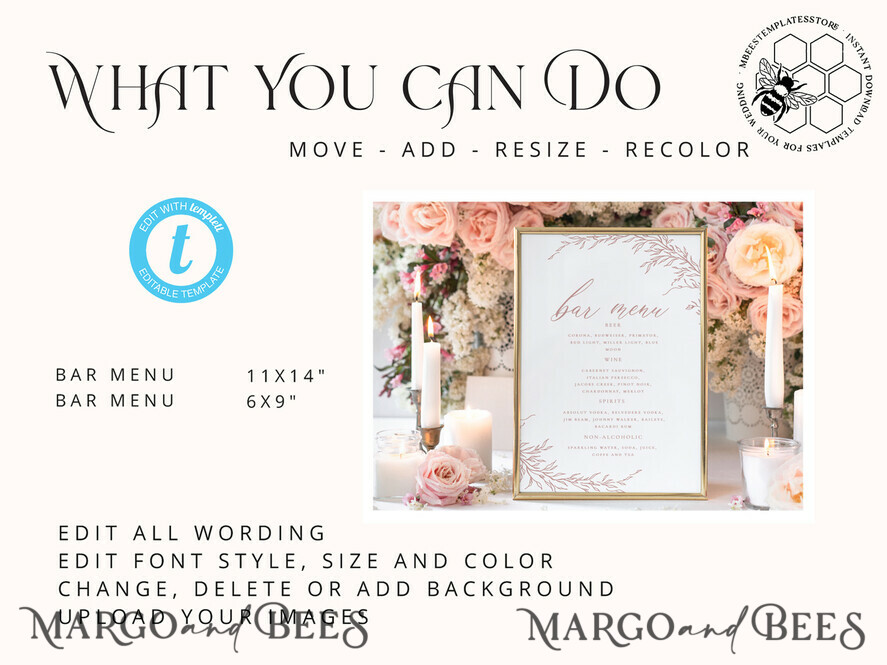 TEMPLETT wedding stationery Boho Blush Pink Bar Menu template, Drinks Signs editable, Instant download Modern Table Signs Garden Wedding Menu Sign Printable