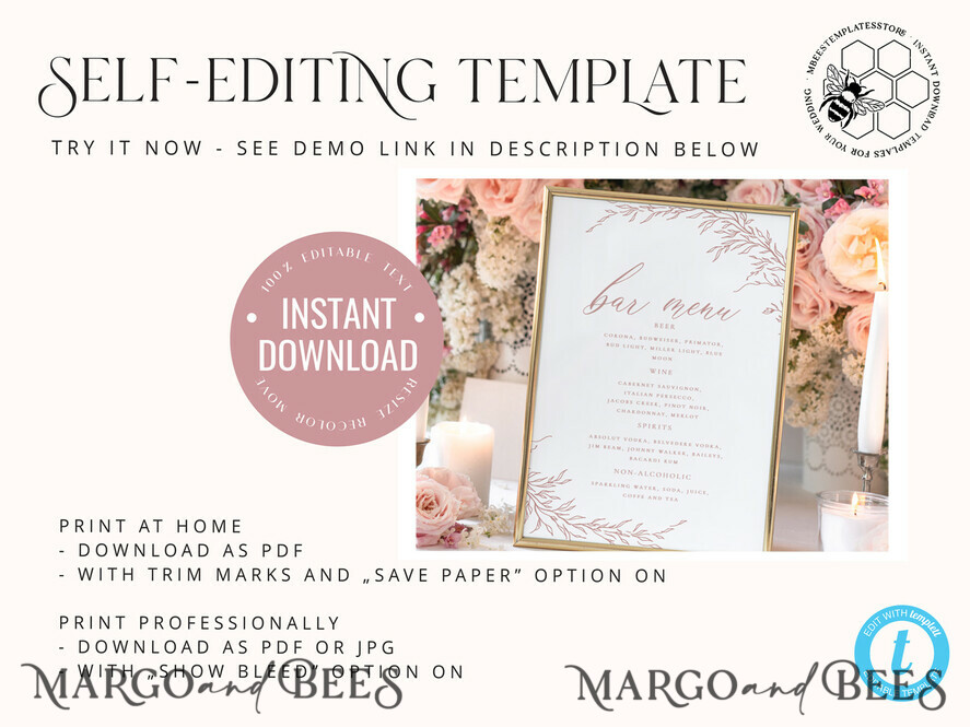TEMPLETT wedding stationery Boho Blush Pink Bar Menu template, Drinks Signs editable, Instant download Modern Table Signs Garden Wedding Menu Sign Printable
