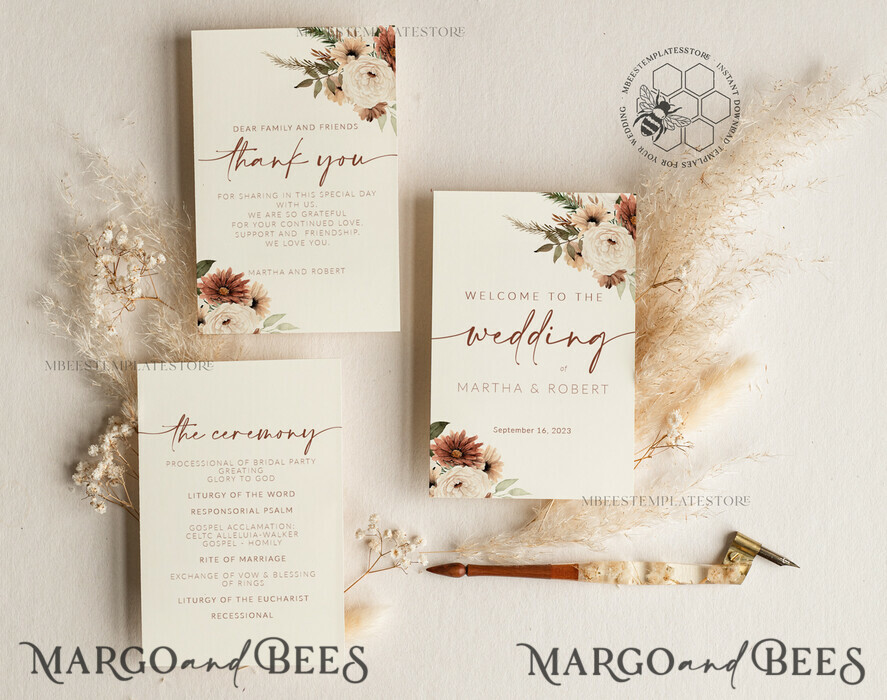 TEMPLETT wedding stationery Boho Wedding Program template, Minimalist Order of Service, Printable Ceremony, DIY Program Card, Instant Download, Editable Text, WBoho10