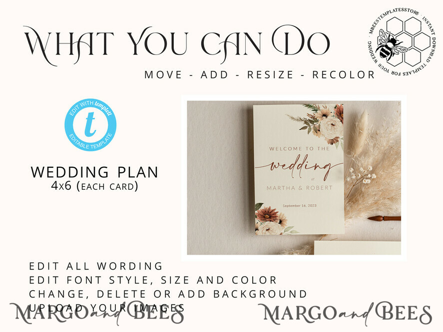 TEMPLETT wedding stationery Boho Wedding Program template, Minimalist Order of Service, Printable Ceremony, DIY Program Card, Instant Download, Editable Text, WBoho10