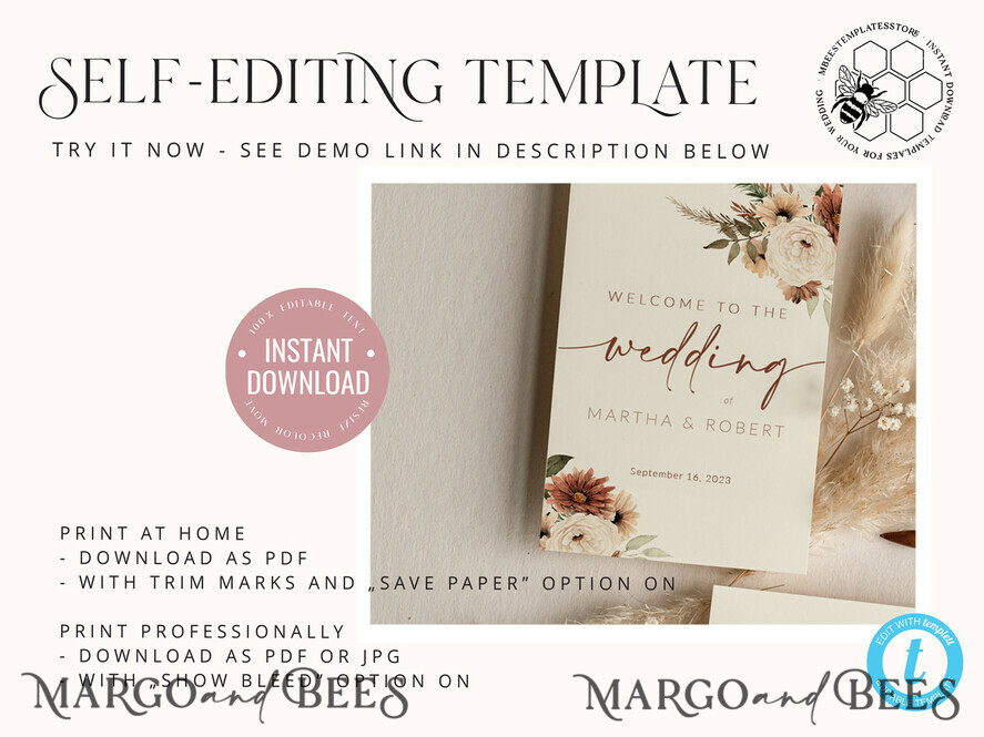 TEMPLETT wedding stationery Boho Wedding Program template, Minimalist Order of Service, Printable Ceremony, DIY Program Card, Instant Download, Editable Text, WBoho10