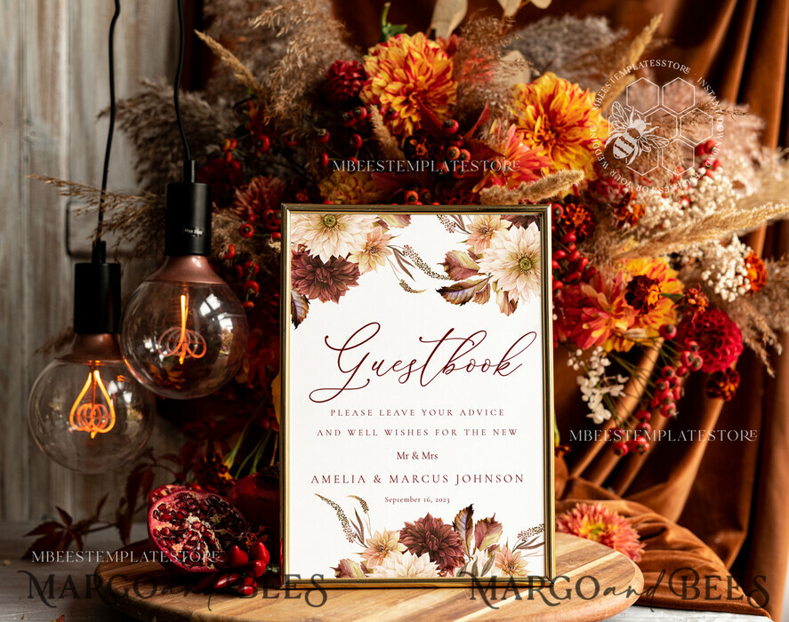 TEMPLETT wedding signs Fall Maroon Guestbook Wedding Sign template, Instant download Rustic Wedding Guest book Sign, Guestbook Printable, Minimalist Sign