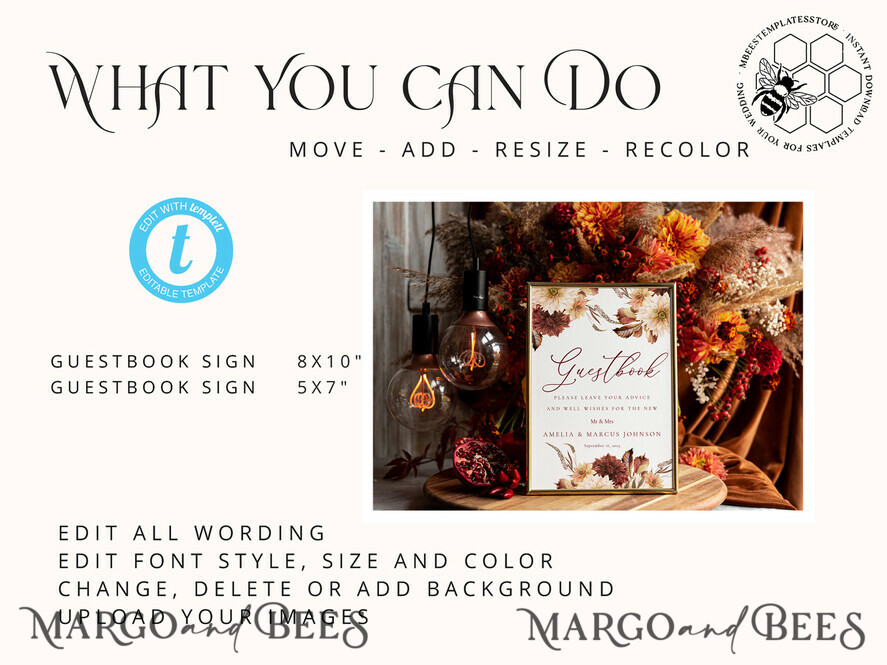TEMPLETT wedding signs Fall Maroon Guestbook Wedding Sign template, Instant download Rustic Wedding Guest book Sign, Guestbook Printable, Minimalist Sign