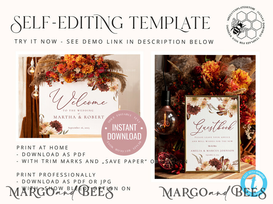 TEMPLETT wedding signs Fall Maroon Guestbook Wedding Sign template, Instant download Rustic Wedding Guest book Sign, Guestbook Printable, Minimalist Sign
