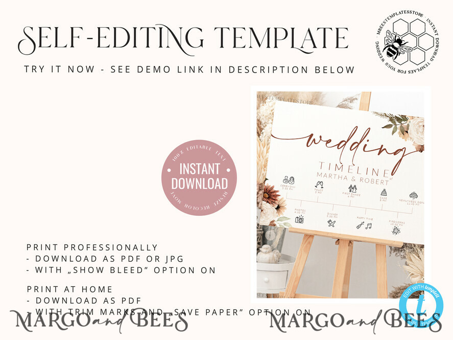 TEMPLETT wedding signs Boho Wedding Order of Events Timeline Sign Template, Fall Order of Events Timeline Sign, Printable Timeline, DIY Wedding Sign, WBoho10