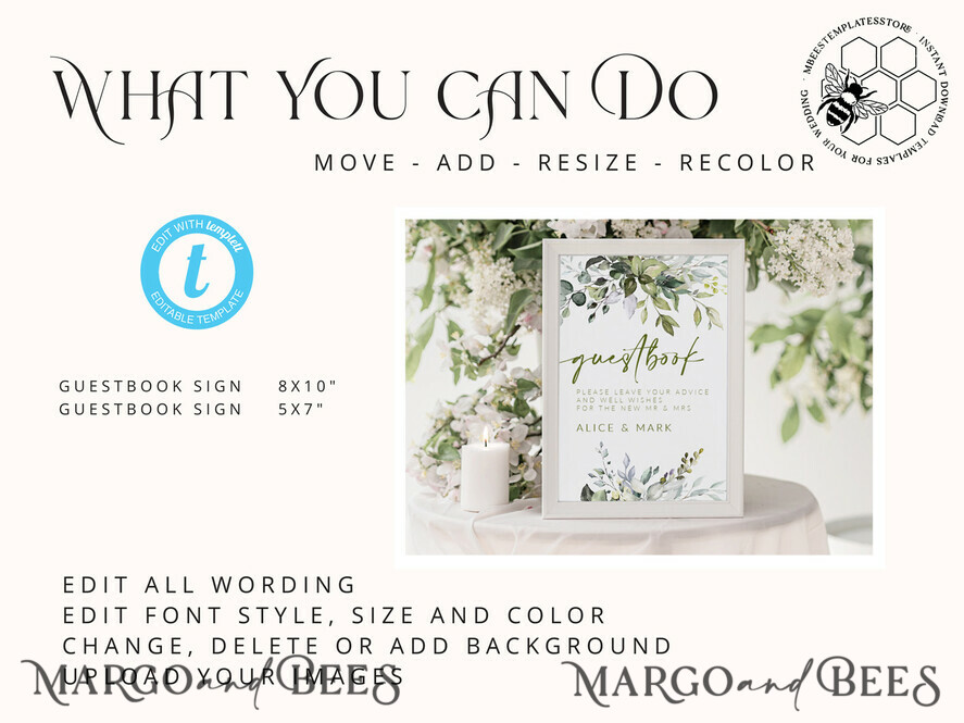 TEMPLETT wedding signs Green Guestbook Wedding Sign template, Instant download Greenery Wedding Guest book Sign, Guestbook Printable, Minimalist Sign, WGreen4