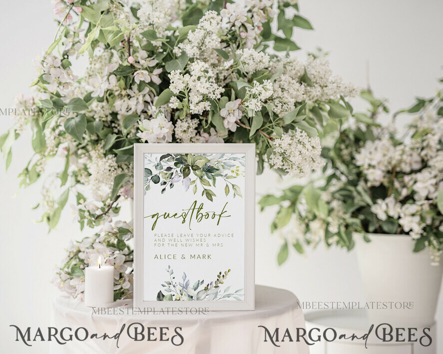 TEMPLETT wedding signs Green Guestbook Wedding Sign template, Instant download Greenery Wedding Guest book Sign, Guestbook Printable, Minimalist Sign, WGreen4