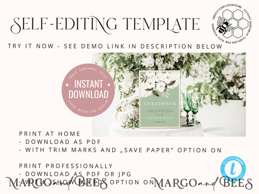 TEMPLETT wedding signs Green Guestbook Wedding Sign template, Instant download Boho Wedding Guest book Sign, Guestbook Printable, Minimalist Sign, WSpr3