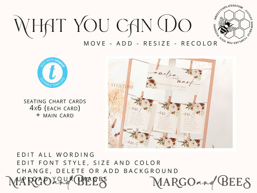 TEMPLETT wedding signs boho Wedding Seating Chart Cards Template, Printable Seating Chart Cards, Printable Editable Table Plan Templett INSTANT Download, Wboho10