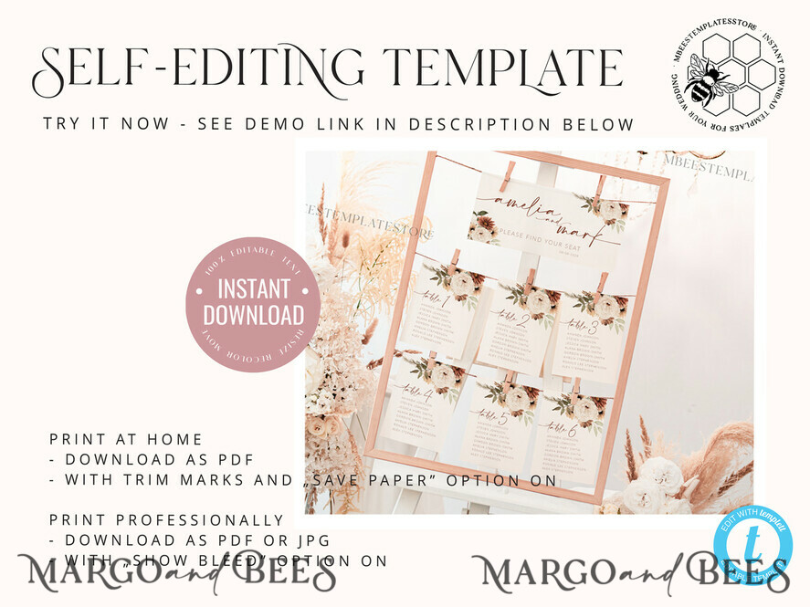 TEMPLETT wedding signs boho Wedding Seating Chart Cards Template, Printable Seating Chart Cards, Printable Editable Table Plan Templett INSTANT Download, Wboho10