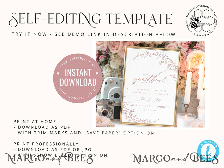 TEMPLETT wedding signs Boho Blush Pink Guestbook Wedding Sign template, Instant download Rustic Wedding Guest book Sign, Guestbook Printable, Minimalist Sign