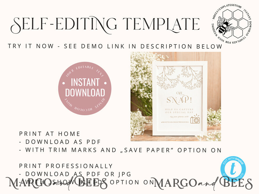 TEMPLETT wedding signs Rustic Oh Snap Wedding Hashtag Sign template, Instant download Boho Wedding Instagram Sign, Hashtag Printable, Minimalist Sign, WGyp2