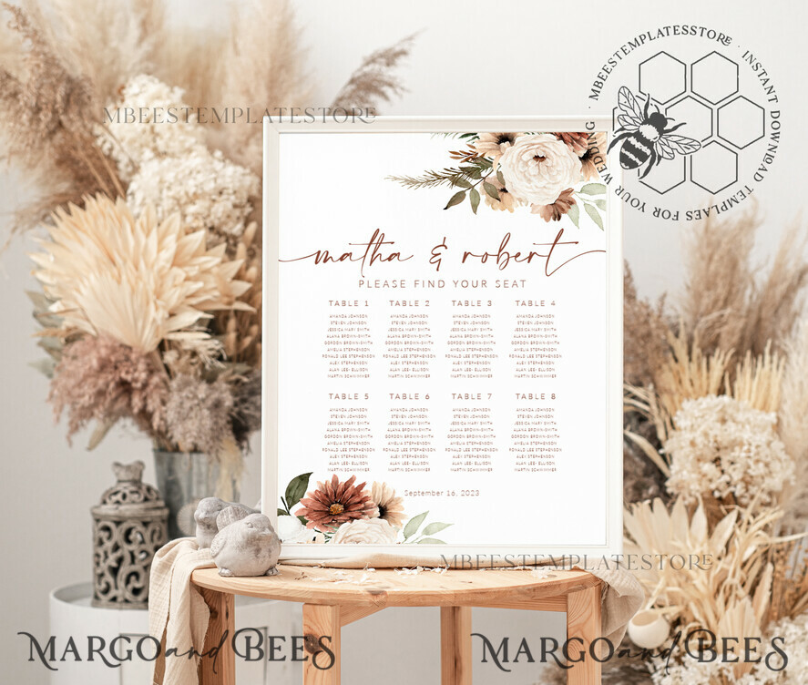 TEMPLETT wedding signs Boho Wedding Seating Chart Template, Wedding Seating Chart Template, Printable Seating Chart Wedding, Chart Sign Poster, WBoho10