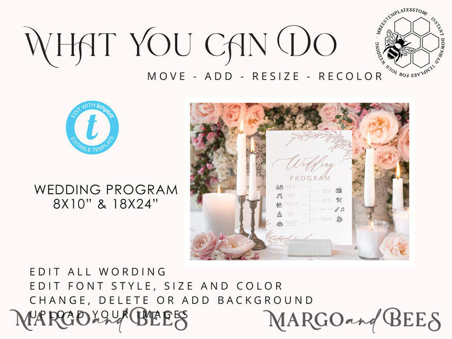 TEMPLETT wedding signs Boho Blush Pink Wedding Order of Events Timeline Program Sign Template, Fall Wedding day, Printable Timeline, DIY Wedding Sign