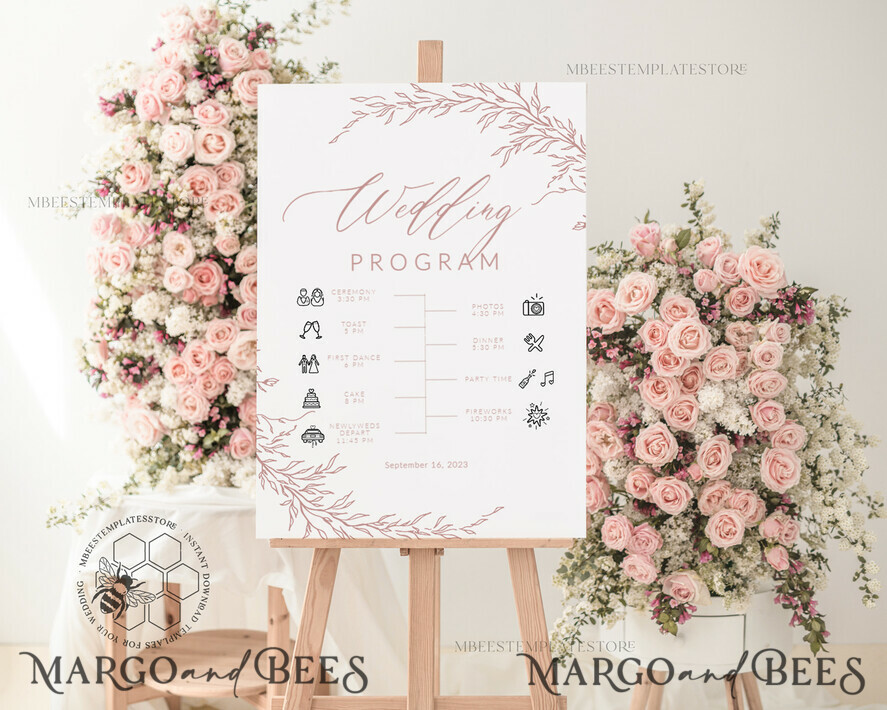 TEMPLETT wedding signs Boho Blush Pink Wedding Order of Events Timeline Program Sign Template, Fall Wedding day, Printable Timeline, DIY Wedding Sign