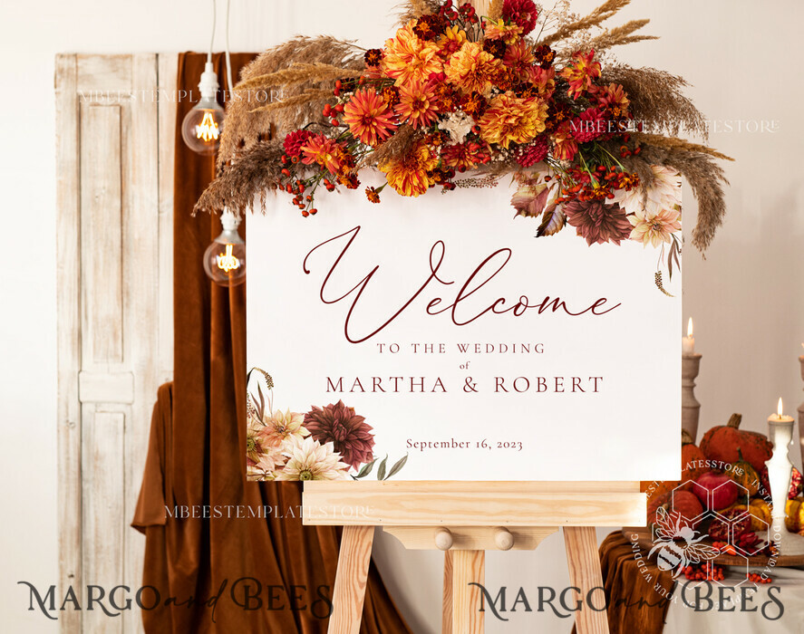 TEMPLETT wedding signs Fall Maroon wedding welcome sign template, Instant download Rustic Wedding Sign, Garden Sign Set Printable, Minimalist Large Sign