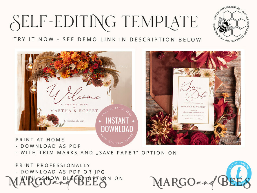 TEMPLETT wedding signs Fall Maroon wedding welcome sign template, Instant download Rustic Wedding Sign, Garden Sign Set Printable, Minimalist Large Sign