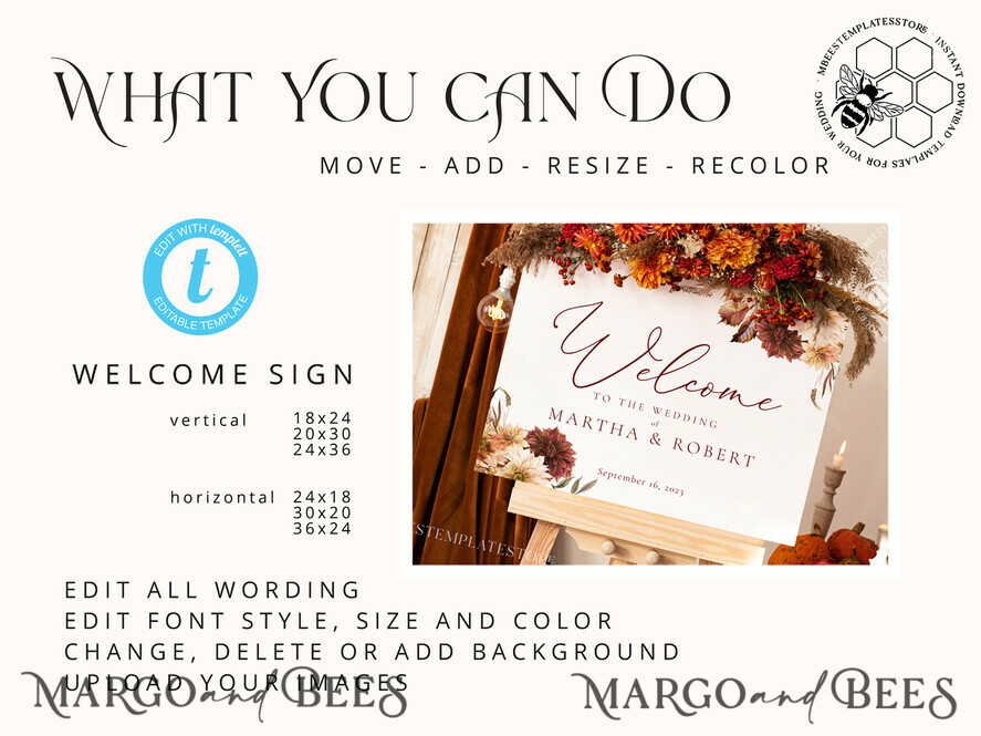 TEMPLETT wedding signs Fall Maroon wedding welcome sign template, Instant download Rustic Wedding Sign, Garden Sign Set Printable, Minimalist Large Sign
