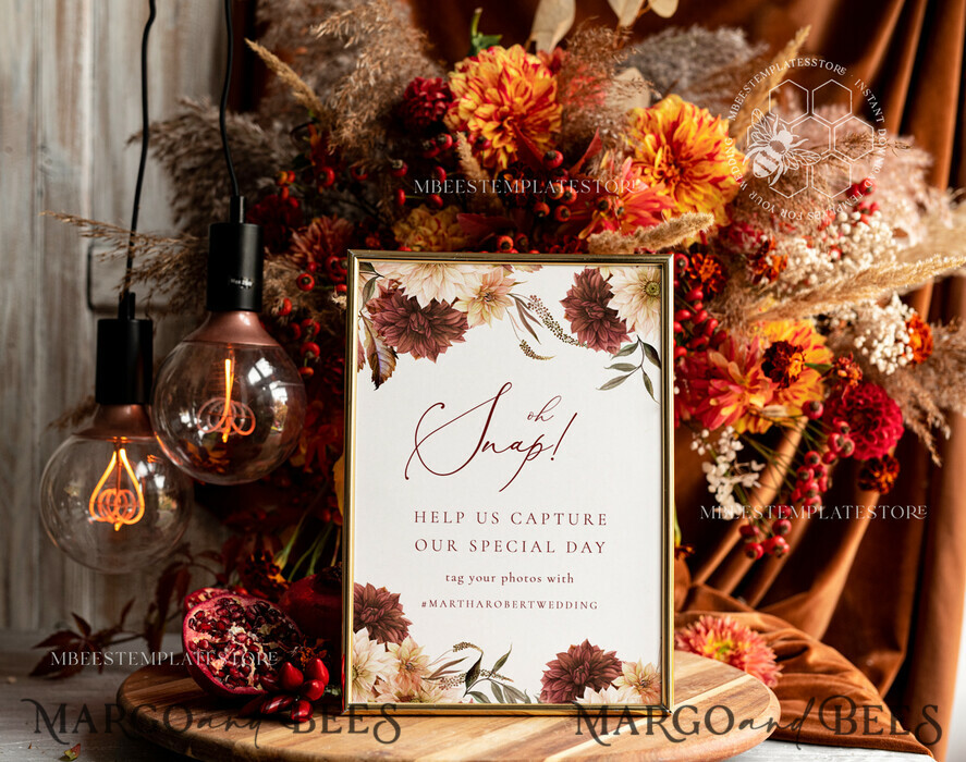 TEMPLETT wedding signs Fall Maroon Oh Snap Wedding Hashtag Sign template, Instant download Rustic Wedding Instagram Sign, Hashtag Printable, Minimalist Sign