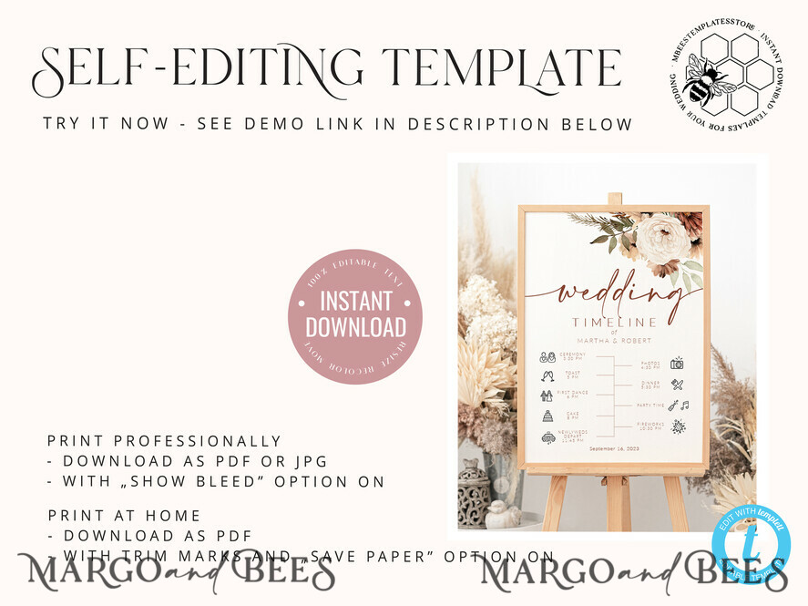 TEMPLETT wedding signs Boho Wedding Order of Events Timeline Sign Template, Fall Order of Events Timeline Sign, Printable Timeline, DIY Wedding Sign, WBoho10