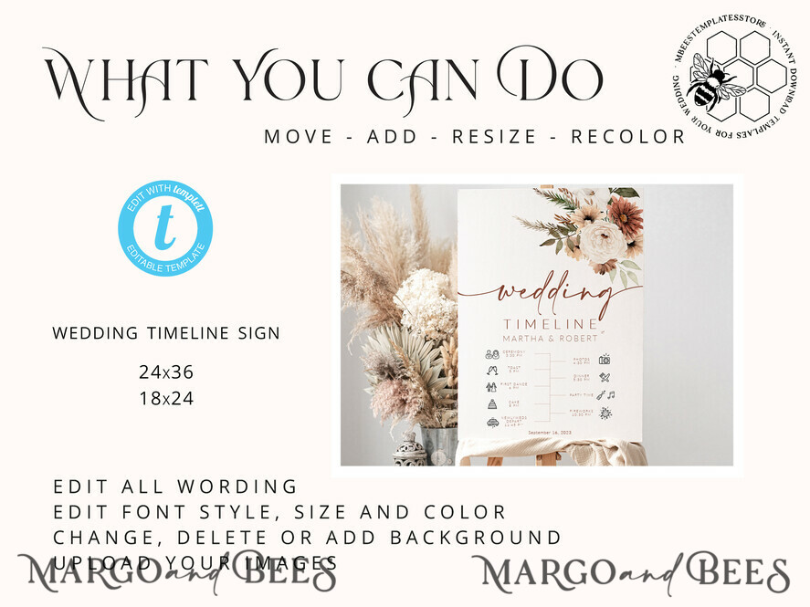 TEMPLETT wedding signs Boho Wedding Order of Events Timeline Sign Template, Fall Order of Events Timeline Sign, Printable Timeline, DIY Wedding Sign, WBoho10