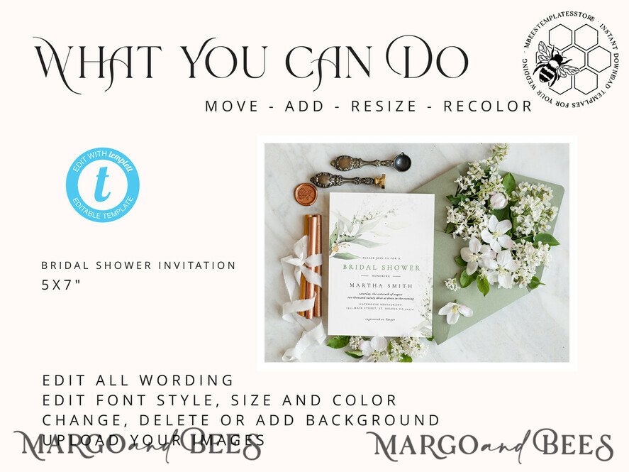 TEMPLETT bridal shower Sage Green bridal shower invitation template, Instant download Greenery bridal shower Invites, Modern Garden bridal shower Invitations Set Printable
