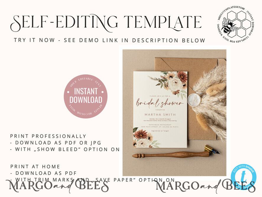 TEMPLETT bridal shower Pampas bridal shower invitation template,Instant download Greenery bridal shower Invites, Modern Garden bridal Invites Printable Wboho10