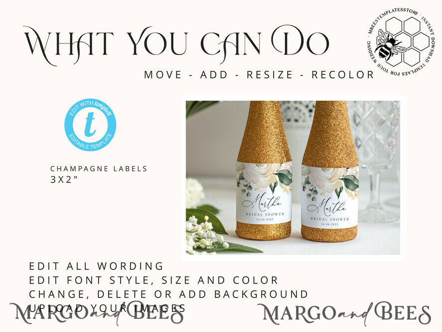 TEMPLETT bridal shower Floral bridal shower Champagne Bottle Labels template, Instant download Greenery bridal shower Favors Tags, Garden favor Tag Diy WRoses55