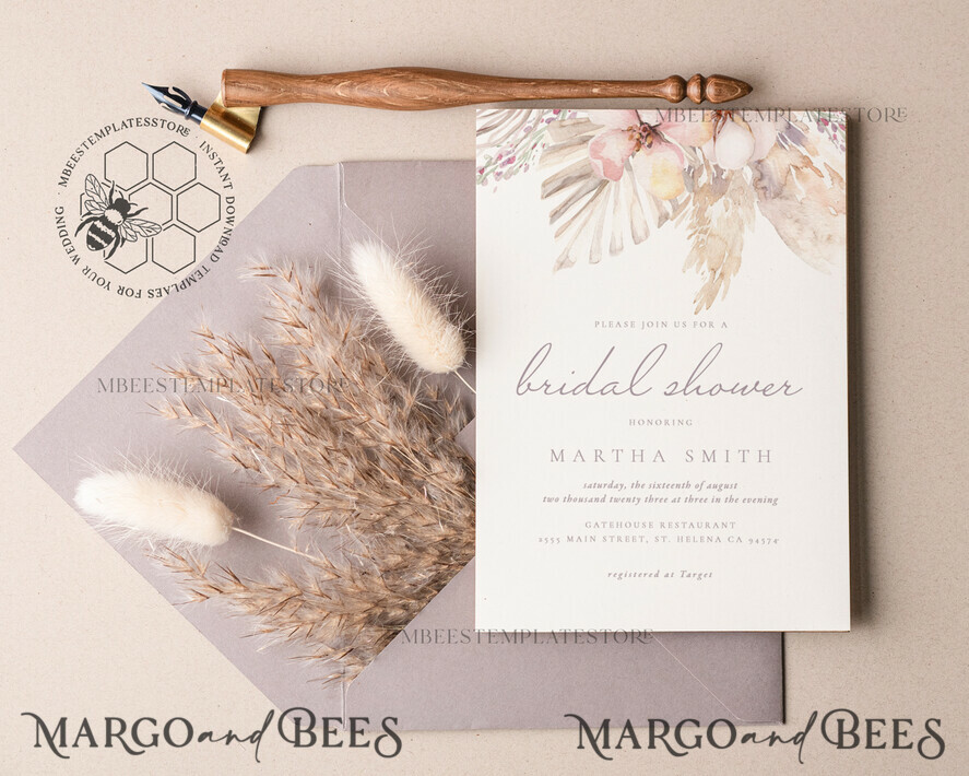 TEMPLETT bridal shower Pampas bridal shower invitation template,Instant download Greenery bridal shower Invites, Modern Garden bridal Invites Printable WPam5