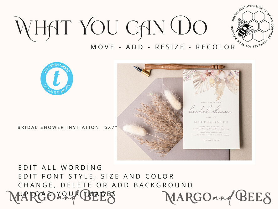 TEMPLETT bridal shower Pampas bridal shower invitation template,Instant download Greenery bridal shower Invites, Modern Garden bridal Invites Printable WPam5