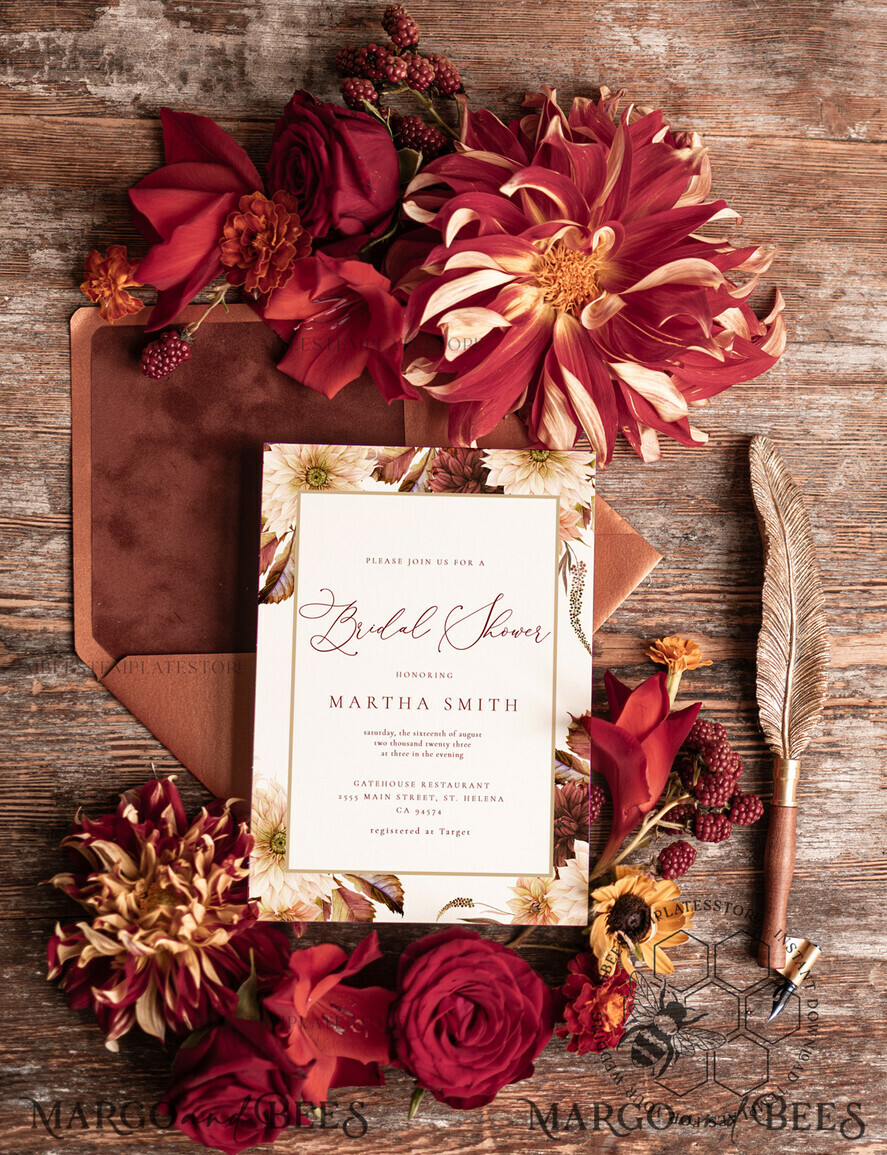 TEMPLETT bridal shower Boho burgundy bridal shower invitation template,Instant download terracotta bridal shower Invites, Modern Garden bridal Invites Printable