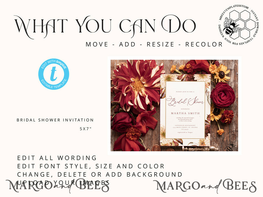 TEMPLETT bridal shower Boho burgundy bridal shower invitation template,Instant download terracotta bridal shower Invites, Modern Garden bridal Invites Printable