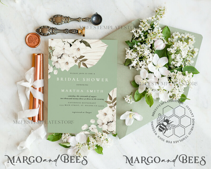 TEMPLETT bridal shower Sage Green bridal shower invitation template,Instant download Greenery bridal shower Invites, Elegant Garden bridal Invites Printable WSpr3