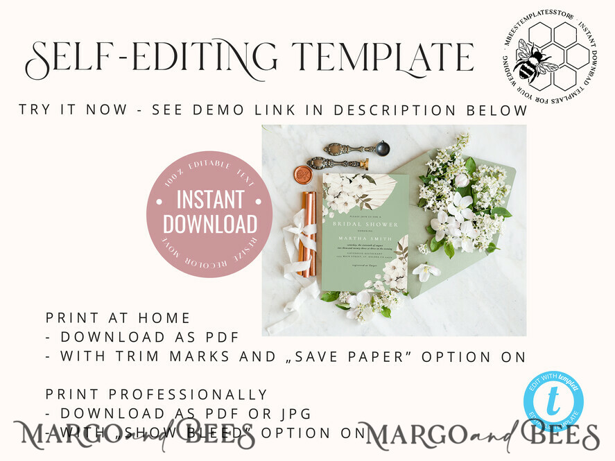 TEMPLETT bridal shower Sage Green bridal shower invitation template,Instant download Greenery bridal shower Invites, Elegant Garden bridal Invites Printable WSpr3