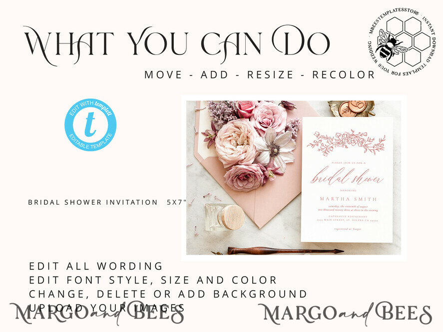 TEMPLETT bridal shower Romantic bridal shower invitation template, Instant download Elegant bridal shower Invites, Modern Garden bridal Invites Printable WRoses8