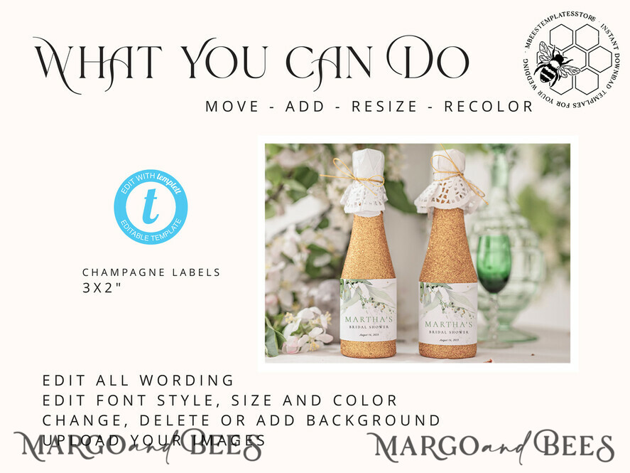 TEMPLETT bridal shower Sage Green bridal shower Champagne Bottle Labels template, Instant download Greenery bridal shower Favors Tags, Garden favor Tag Diy WSpr1