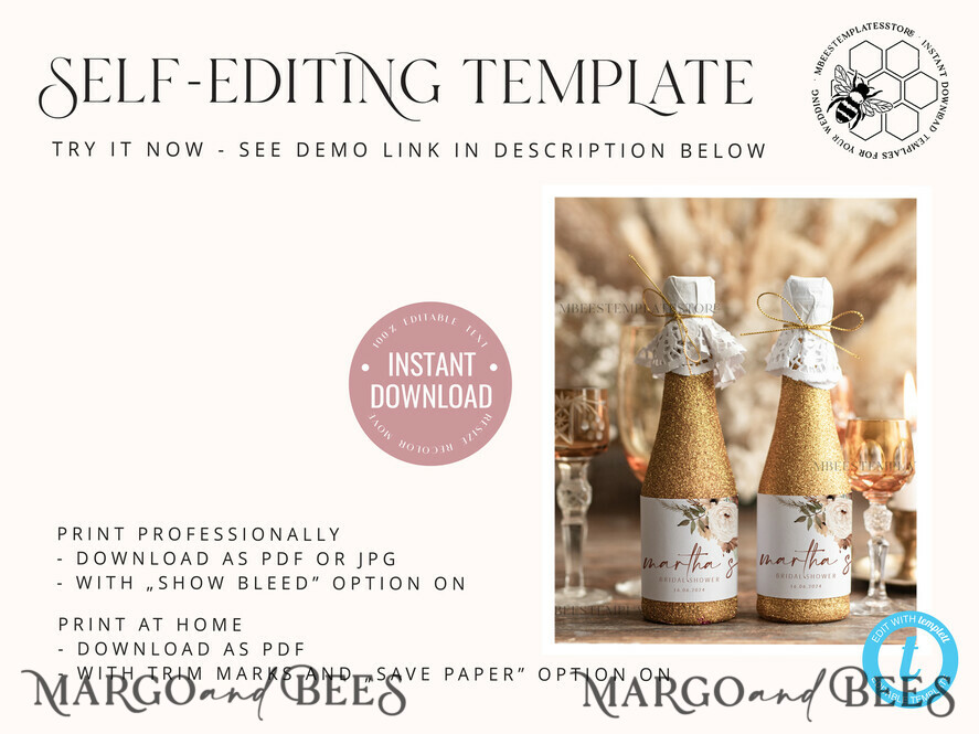 TEMPLETT bridal shower boho bridal shower Champagne Bottle Labels template, Instant download Greenery bridal shower Favors Tags, Modern Garden bridal shower Champagne Bottle Labelss Set Printable