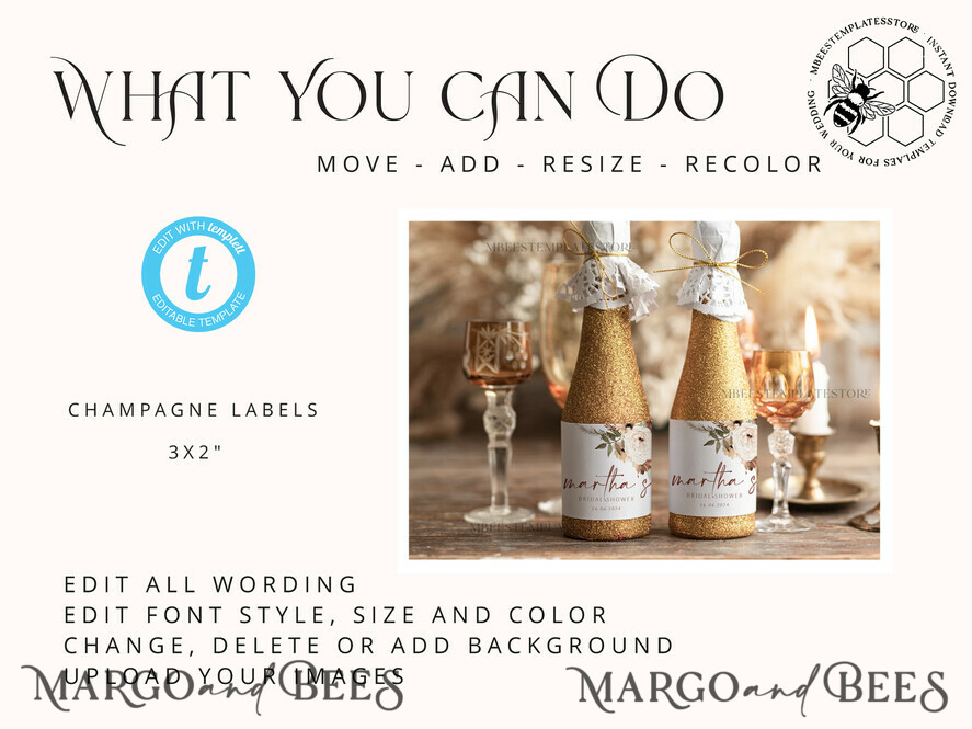 TEMPLETT bridal shower boho bridal shower Champagne Bottle Labels template, Instant download Greenery bridal shower Favors Tags, Modern Garden bridal shower Champagne Bottle Labelss Set Printable