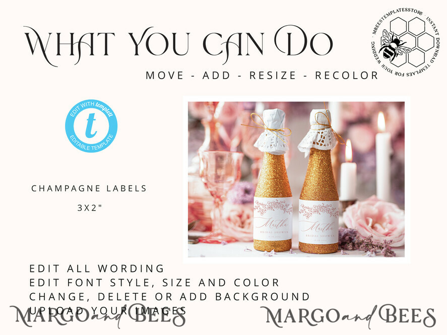 TEMPLETT bridal shower Romantic bridal shower Champagne Bottle Labels template, Instant download Elegant bridal shower Favors Tags, Garden favor Tag Diy WRoses8