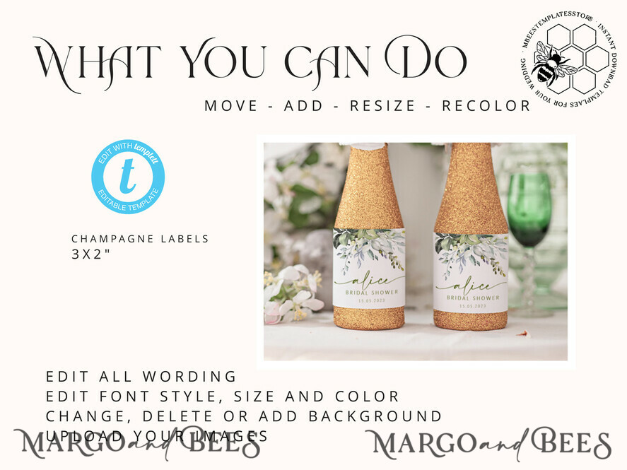 TEMPLETT bridal shower Sage Green bridal shower Champagne Bottle Labels template, Instant download Greenery bridal shower Favors Tags, Modern Garden bridal shower Champagne Bottle Labels Set Printable