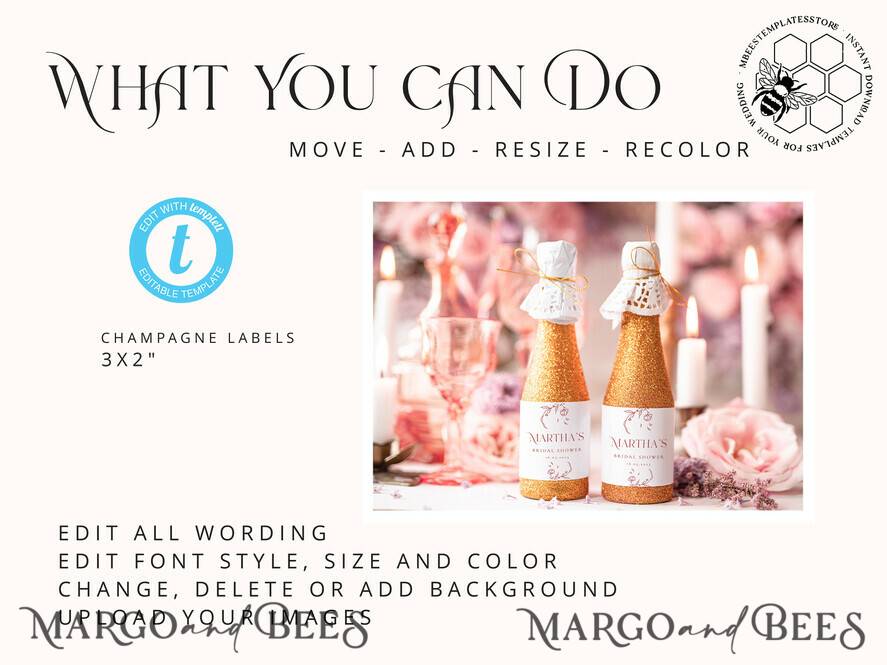 TEMPLETT bridal shower Minimalistic bridal shower Champagne Bottle Labels template, Instant download Elegant bridal shower Favors Tags, Garden favor Tag Diy WMin1