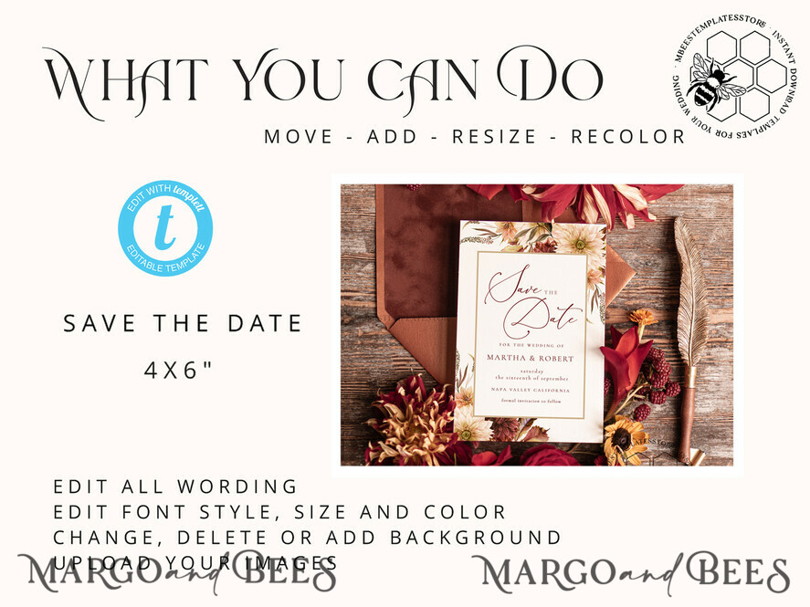 TEMPLETT save the date fall rust terracotta Boho save the date card template, Elegant Instant download save the date card, Rustic Cards Set Printable, Fine art Save Our Date