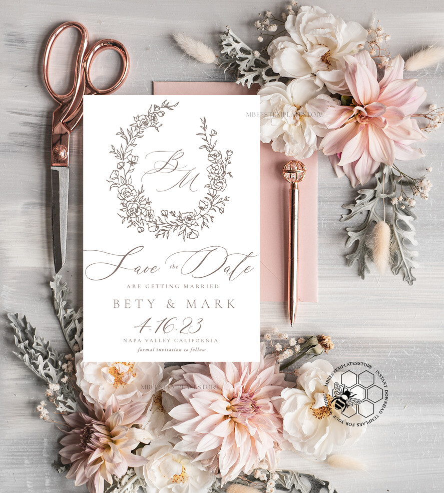 TEMPLETT save the date Fine Art save the date card template, Instant download save our date card, Elegant save the date cards Set Printable Wreth1