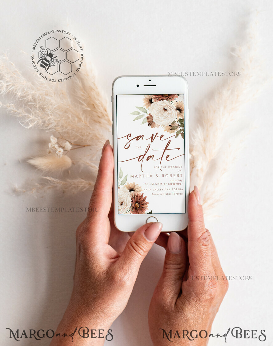 TEMPLETT save the date Boho Ivory Electronic Save the Date template, Modern SmartPhone Save the Date Editable Template, Fall Picture Save the Date Evite Template, personalised Digital Save the Date, Spring Neutral Smartphone Electronic Save the Date