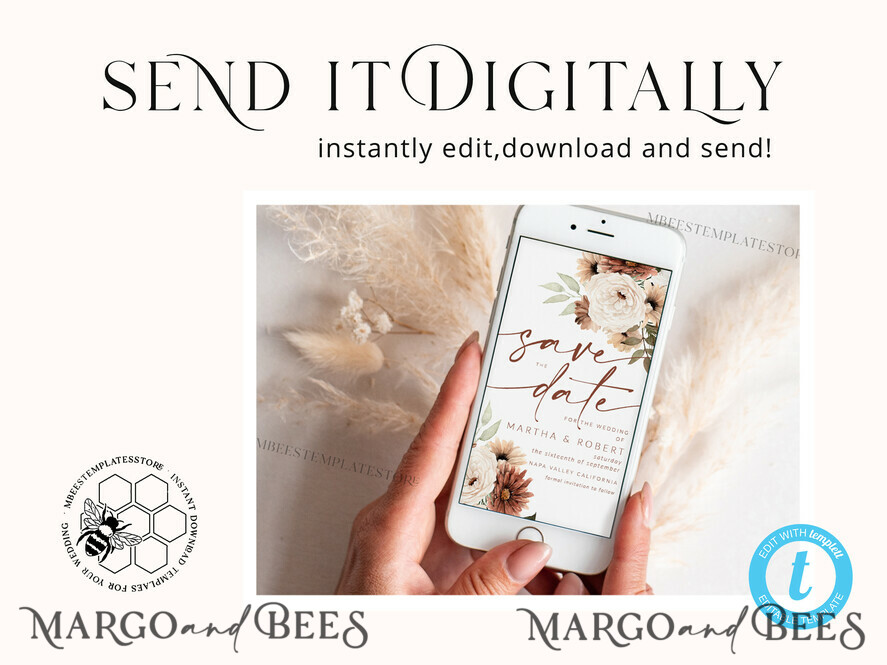 TEMPLETT save the date Boho Ivory Electronic Save the Date template, Modern SmartPhone Save the Date Editable Template, Fall Picture Save the Date Evite Template, personalised Digital Save the Date, Spring Neutral Smartphone Electronic Save the Date
