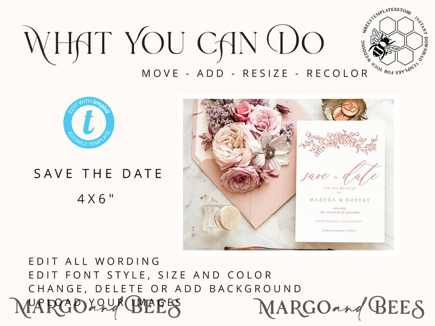 TEMPLETT save the date Romantic save the date card template, Instant download save the date card, Elegant save the date cards Set Printable WRoses8