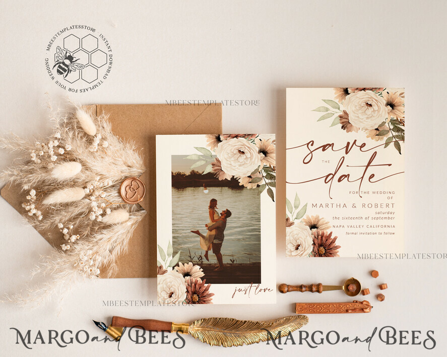 TEMPLETT save the date Boho Ivory save the date card Template, Instant Download Printable Invites Home Printing, Simple save the date card with photo, WBoho10
